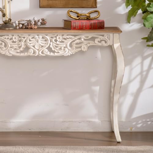 JIJIWANG 43.31" Distressed Console Table with Carved Details,Weathered Wash Vintage French Country Entry Table with Wood Carvings and Curved Legs for Hallway Living Room,Natural Wood JIJIWANG