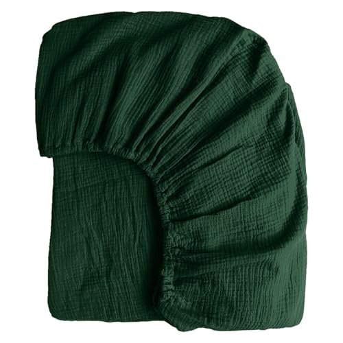 100% Muslin Cotton Emerald Green Fitted Sheet Twin Only with 16" Elastic Deep Pocket, 1 Pack Soft Breathable Absorbent Gauze Single Fitted Bottom Sheet, Minimalist Fluffy Wrinkle Mattress Protector YASMENG