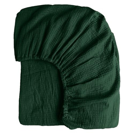 100% Muslin Cotton Emerald Green Fitted Sheet Twin Only with 16" Elastic Deep Pocket, 1 Pack Soft Breathable Absorbent Gauze Single Fitted Bottom Sheet, Minimalist Fluffy Wrinkle Mattress Protector YASMENG