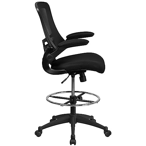 Flash Furniture Kelista Mid-Back Swivel Office Chair with Adjustable Seat Height, Ergonomic Mesh Desk Chair with Flip-Up Armrests, Black - WoodArtSupply