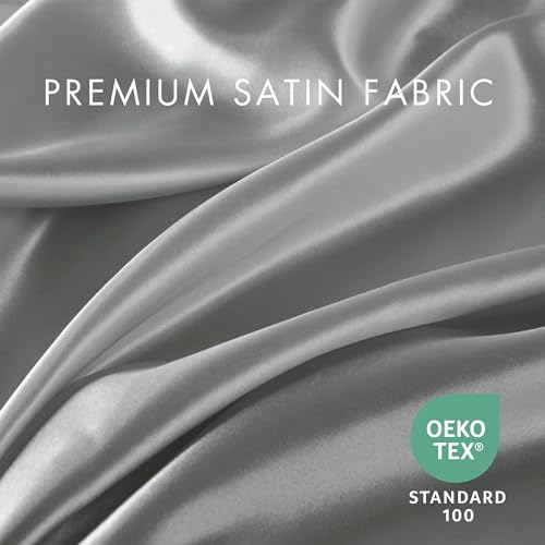 Madison Park Satin Sheets Split King Size, Luxurious Silky Bed Sheets, Elastic 14" Pocket fits up to 16" Mattress, Wrinkle-Free, Soft Satin Bed Sheet Set, Grey 7 Piece Madison Park