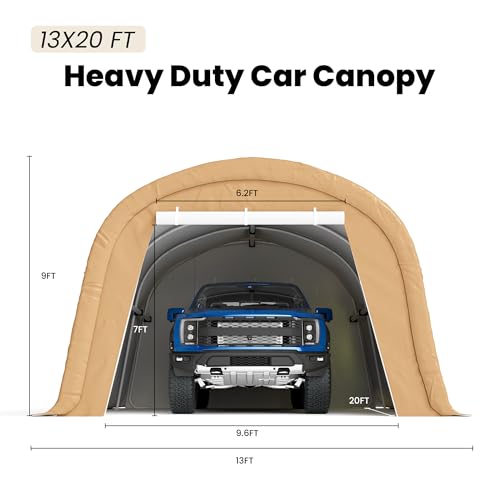 COSIEST 13'×20' Storage Shelter Outdoor Round Carport, Heavy-Duty Garage Canopy with Dual Roll-Up Doors Weatherproof PE Cover, Multi-Purpose Vehicle/Tractor Shed for Backyard/Driveway/Farm(Beige) COSIEST