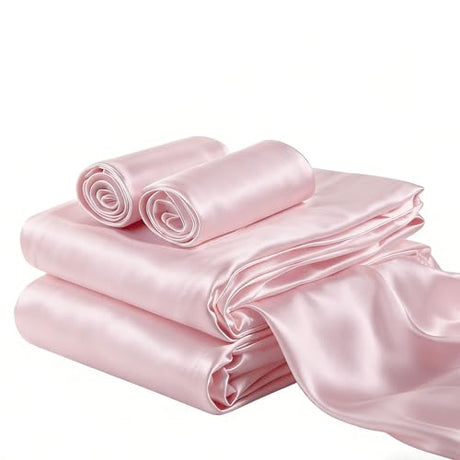 COZYXWORLD 4 Piece Satin Silky Sheet Set Queen Size, Cooling & Smooth Bedding Set for Hair and Skin, Deep Pocket Aesthetic Cute Women Bedroom Decor, Pink COZYXWORLD