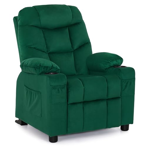 MCombo Big Kids Recliner for Ages 3+, Child Reclining Chair, Toddlers Recliner Sofa with Cup Holders (Velvet, Green)