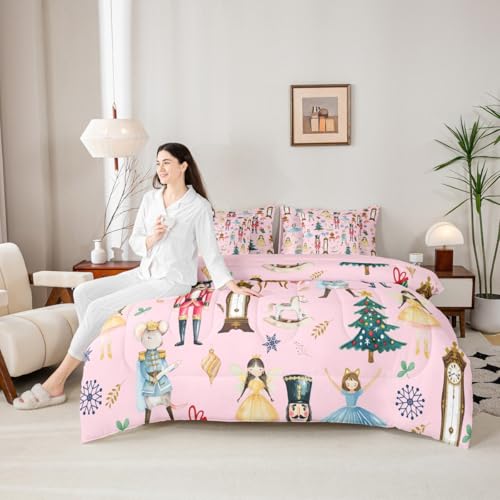 Erosebridal Pink Christmas Twin Size Comforter Set with Sheets Kids Nutcracker 7-Piece Bedding Set Carousel Soldier Bed in a Bag Ballet Girl Xmas Tree Bed Quilt Sets for Boy Girl Teen Adult Erosebridal