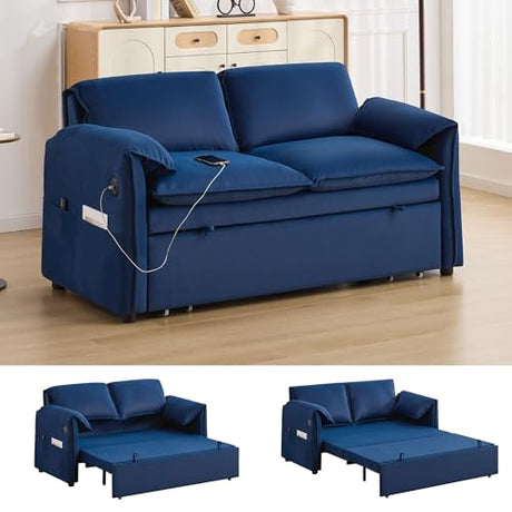 Hatppto 63" Velvet Pull Out Sofa Bed, 3-in-1 Convertible Futon Loveseat Queen Sleeper Sofa Couch Bed with Adjustable Backrest, USB Ports & Side Pockets, Modern Sofas for Living Room, Apartment, Blue Hatppto