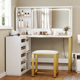 YITAHOME Vanity Desk Set- L Makeup Vanity with Mirror and Lights 3 Lighting Modes, 48" Large Makeup Table with 5 Tempered Glass Drawers with Open Storage Shelves Vanity Table, White YITAHOME