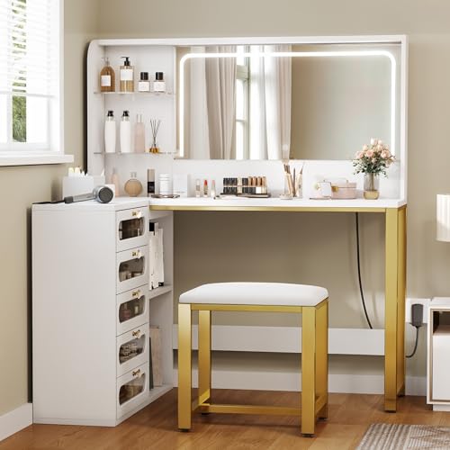 DWVO Corner Makeup Vanity Desk with Lights and Mirror, 48" L Shaped White Vanity Set with Stool, 5 Acrylic Visualized Drawer, Adjustable 3 Lighting Mode, Bedroom Large Dressing Table for Wome - WoodArtSupply