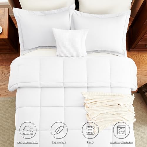 CozyLux Queen Size Comforter Sets White - 3 Pieces Box Stitched Queen Bed Set for All Seasons, Soft Lightweight Bedding Sets with 1 Down Alternative Comforter and 2 Pillow Shams CozyLux