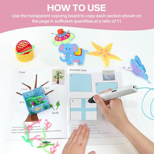 3D Pen Printing Drawing Book, Reusable Colorful Thick Paper Template with A Temperature Resistant Transparent Board, 40 Original Patterns Painting Graffiti Copy Book for Kids DIY Gift SONGTIY