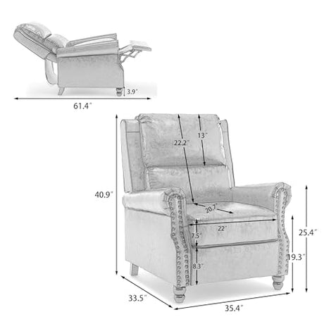 Pushback Recliner Chair, Faux Leather Wingback Recliner Chair, Upholstered Armchair Push Back Recliner with Wood Legs, Rivet Trim Single Sofa Accent Chair for Living Room, Bedroom, Black Qatiby
