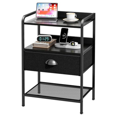 Night Stand with 1 Fabric Drawer and Sturdy Metal Frame, Modern Bedside Table Lightweight & Durable -55LB Load Capacity, Wear-Resistant & Easy-Clean Surface, Black