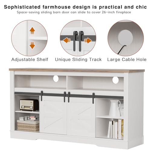 YESHOMY Fireplace TV Stand for Television up to 65+ Inch with Storage and Farmhouse Sliding Barn Doors, Entertainment Center with Cabinet and Shelves, Media Console for Living Room, White YESHOMY
