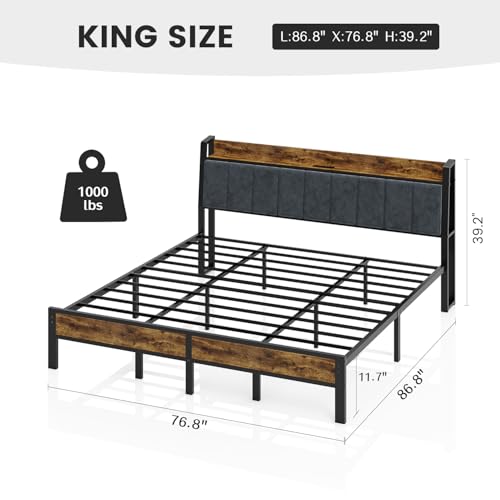 King Size Bed Frame with USB Charging Station, Storage Headboard with Smart LED Lights, Metal Platform Bed Noise Free, No Box Spring Needed, Easy Assembly Liians