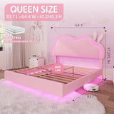 AMERLIFE Floating Queen Bed Frame with Adjustable RGB LED Headboard, Leather Upholstered Platform Bed for Kids/Girls,Wood Slats Support, No Box Spring Needed, Easy Assembly, Pink AMERLIFE