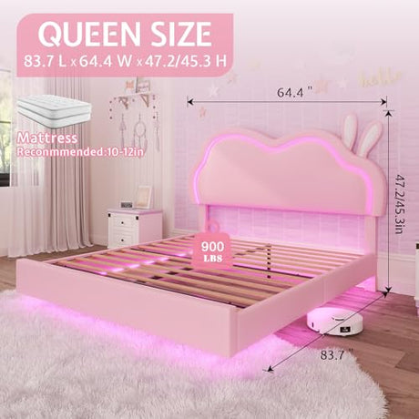 AMERLIFE Floating Queen Bed Frame with Adjustable RGB LED Headboard, Leather Upholstered Platform Bed for Kids/Girls,Wood Slats Support, No Box Spring Needed, Easy Assembly, Pink AMERLIFE