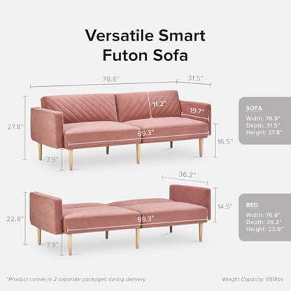 mopio Futon Sofa Bed, Couch, Small Sofa, Sleeper Sofa, Loveseat, Mid Century Modern Futon Couch, Sofa Cama, Couches for Living Room (Old Rosa Velvet) - WoodArtSupply