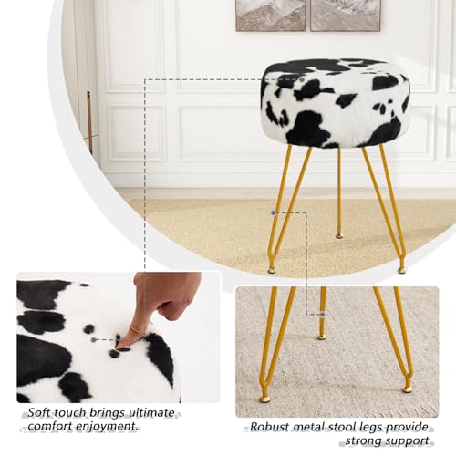 Velvet Vanity Stool Chair, Modern Ottoman Foot Rest Stool with Adjustable Golden Legs, Makeup Chair for Vanity, Multifunctional Makeup Stool for Vanity, Small Vanity Chair for Bedroom, Cow - WoodArtSupply