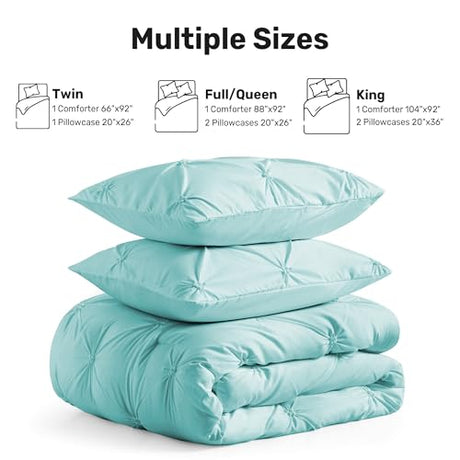 UNIKOME King Size Comforter Set Aqua Blue - Ultra Soft Boho Pintuck Down Alternative Bedding Set for All Seasons, 3 Pieces Lightweight Warm Pinch Pleat Bed Set with Comforter, 2 Pillowcases UNIKOME