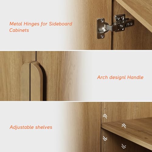 WAMPAT 63" W Large Buffet Sideboard Cabinet with Storages, Modern Buffet Table Coffee Bar Wine Bar Storage Curved Cabinet with 4 Doors for Dining Room, Living Room, Kitchen, Light Walnut WAMPAT