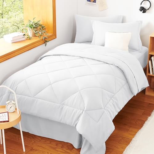 CozyLux Twin Comforter Set with Sheets White - 5 Pieces Bed in a Bag Twin, All Season Bed Set for Girls and Boys, Bedding Set with Down Alternative Comforter, Sheets, Pillowcase & Sham CozyLux
