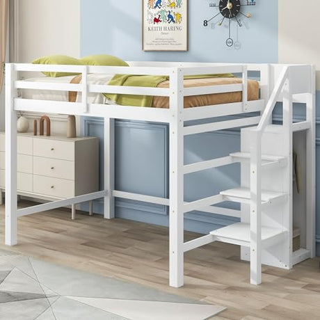 Bellemave Full Size Loft Bed with Stairs and Built-in Storage Wardrobe, Wood Loft Bed Frame with Storage Shelves and Hanging Rod White Loft Beds for Kids Boys Girls Adults Teens Dorm Bedroom Bellemave