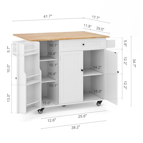 Ahomly Kitchen Island with Storage, Island Table for Kitchen with Drop Leaf, 5 Wheels, Interal Storage Rack, a Drawer, Spicy Rack and Towel Bar, Sufficient Countertop Space and Storage, White