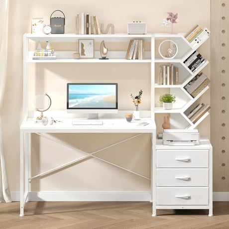 YOMILUVE Reversible Computer Desk with Hutch, Home Office Desk with Drawers and Bookshelf, 52'' Study Writing Desk with Storage Shelves for Bedroom Home Office, White YOMILUVE