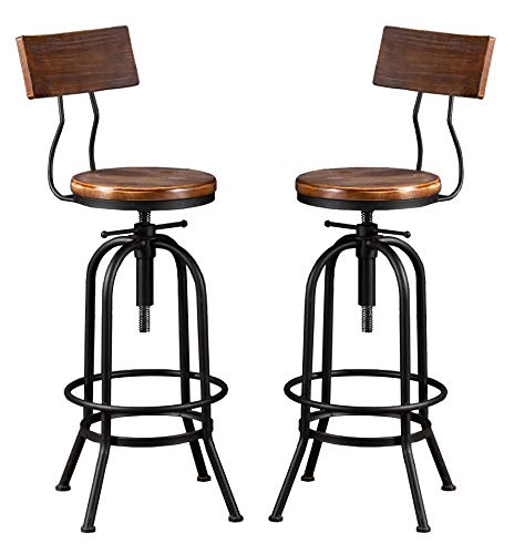 LOKKHAN Industrial Bar Stool-26-32 Inch Adjustable Swivel Round Wood Metal Kitchen Stool Rustic Farmhouse Counter Height Extra Tall Bar Height Stool-Arc-Shaped Backrest,Welded,Set of 2 LOKKHAN