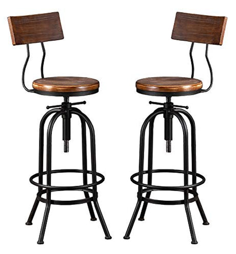 LOKKHAN Industrial Bar Stool-26-32 Inch Adjustable Swivel Round Wood Metal Kitchen Stool Rustic Farmhouse Counter Height Extra Tall Bar Height Stool-Arc-Shaped Backrest,Welded,Set of 2 LOKKHAN
