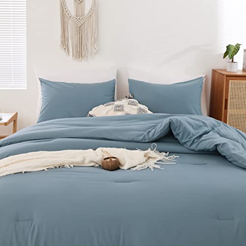 ROSGONIA Dusty Blue Comforter Set Queen, 3pcs(1 Boho Blue Comforter & 2 Pillowcases) All Season Soft Bedding Lightweight Bedspread Blanket Quilt ROSGONIA