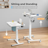 JYLH JOYSEEKER Mobile Standing Desk with Drawer, 28" Rolling Desk with Cup Holder and Hooks, Portable Laptop Cart on Wheels, Height Adjustable Workstation with Storage for Home Office, White JYLH JOYSEEKER