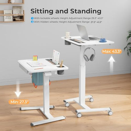 JYLH JOYSEEKER Mobile Standing Desk with Drawer, 28" Rolling Desk with Cup Holder and Hooks, Portable Laptop Cart on Wheels, Height Adjustable Workstation with Storage for Home Office, White JYLH JOYSEEKER