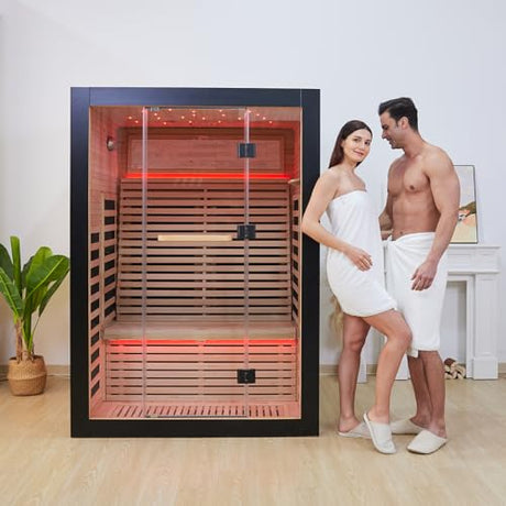 RIGO 2 Person Infrared Sauna for Home - Canadian Hemlock Luxury Spa with Exclusive Star Sky Roof & Oxygen Bar, 7 Low EMF Graphene Heaters, Bluetooth RIGO