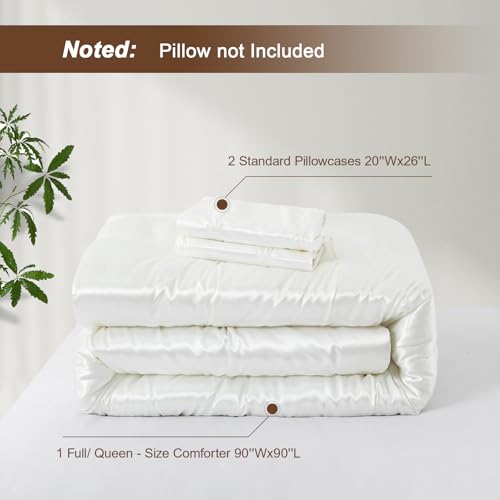 Lanest Housing Full/Queen Size Satin Comforter Set Ivory White, 3 Pieces Soft and Lightweight Silk Bedding, All Season Fluffy Down Alternative Comforter Bed Set Lanest Housing
