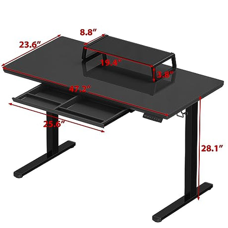 SHW 48x24 Glass Electric Height Adjustable Standing Desk – Motorized Sit Stand Desk with Monitor Riser, Pull-Out Drawer, Memory Presets, Black SHW