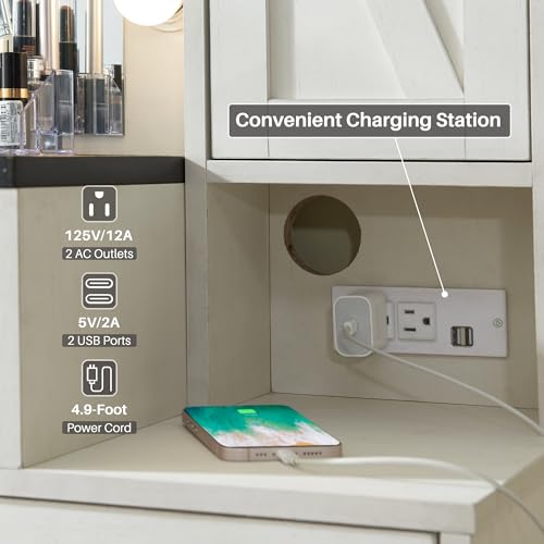 JXQTLINGMU Farmhouse Vanity Makeup Desk with Charging Station, 43" W Vanity Desk with Lights Mirror and Drawers for Makeup, Big Modern Vanity Table Set with Vanity Stool for Bedroom, White JXQTLINGMU