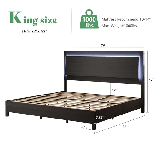 AMERLIFE Rustic Black King Bed Frame with LED Headboard - Stylish Platform Bed with Wooden Slats Support, No Box Spring Needed AMERLIFE