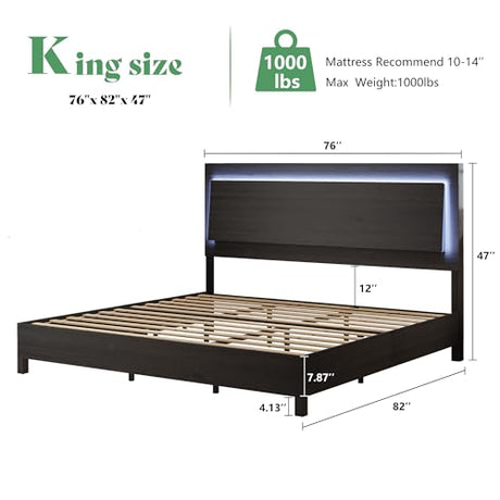 AMERLIFE Rustic Black King Bed Frame with LED Headboard - Stylish Platform Bed with Wooden Slats Support, No Box Spring Needed AMERLIFE