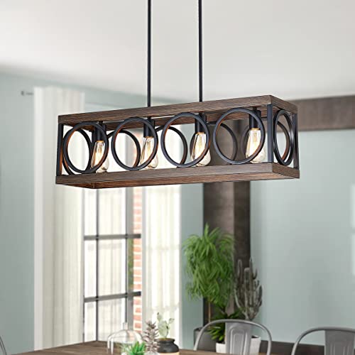 XINGQI Black Kitchen Island Light Fixtures, Farmhouse Dining Room Chandelier Rectangular Linear Chandeliers Pendant Ceiling Light Fixture for Bar Office Coffee Shop 4-Light Wood Grain XINGQI