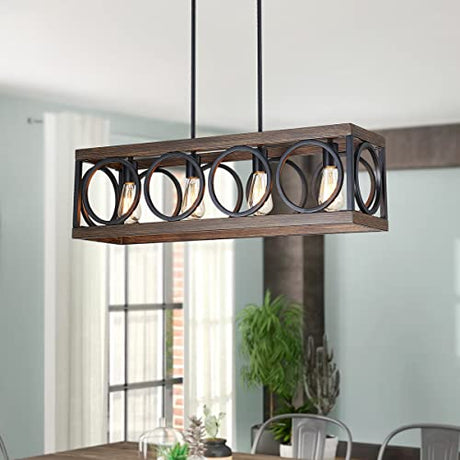 XINGQI Black Kitchen Island Light Fixtures, Farmhouse Dining Room Chandelier Rectangular Linear Chandeliers Pendant Ceiling Light Fixture for Bar Office Coffee Shop 4-Light Wood Grain XINGQI