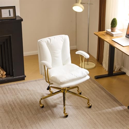VINGLI Home Office Desk Chair Comfy with Wheels & Removable Armrests,Gold Base Vanity Chair with Back, Adjustable Rolling Swivel Computer Task Chair for Study,Makeup,Office,Bedroom,PU Leather,White VINGLI