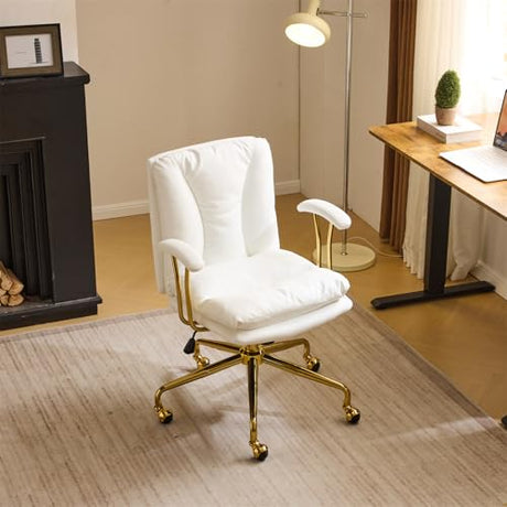 VINGLI Home Office Desk Chair Comfy with Wheels & Removable Armrests,Gold Base Vanity Chair with Back, Adjustable Rolling Swivel Computer Task Chair for Study,Makeup,Office,Bedroom,PU Leather,White VINGLI