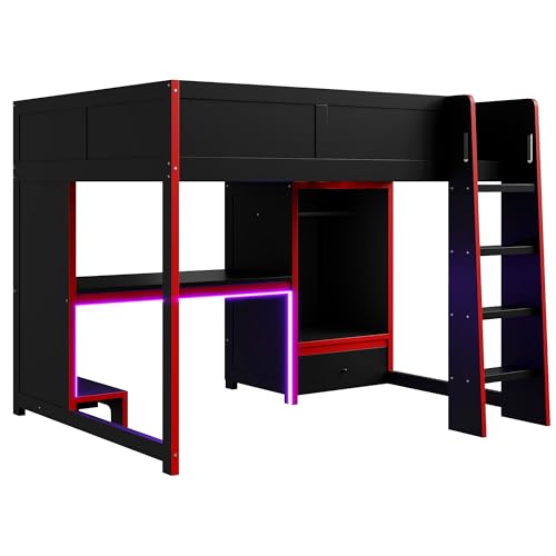 Merax Wood Full Size Gaming Loft Bed with Built-in Desk, Wardrobe, LED and a Drawer, No Box Spring Needed, Sturdy Wood Frame for Bedroom, Black Merax