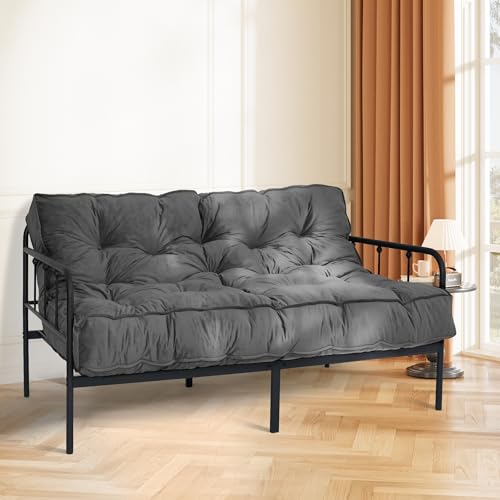 DHMAKER 8-inch Futon Mattress Queen Size, Thick Futon Sofa Couch Bed Foldable Floor Sleeping Pad for Adults, Portable Floor Bed Mattress, Velvet Tatami Mat (Frame Not Included), Deep Grey, 60"x80" DHMAKER
