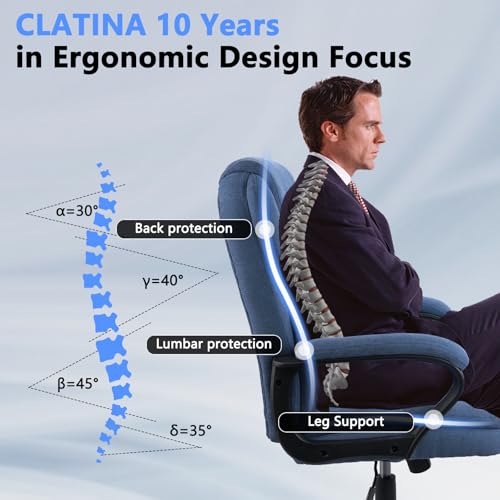 CLATINA Blue Cloth Office Chair Fabric Covered Desk Chair, Adjustable Height Swivel Chairs Ergonomic Executive Chair with Arms and Wheels Comfortable Upholstered 350 LBS CLATINA