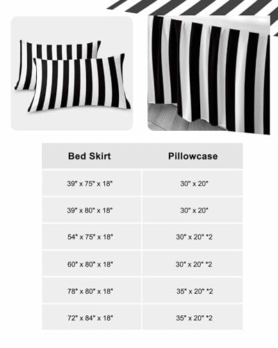 Ruffle Skirt Bedspread for Twin Size Bed Black and White Stripes 2 Piece Bedding Cover with Pillow Sham,18In Drop Bedskirt Coverlet Bedroom Dorm Decor Modern Geometric Art Chucoco
