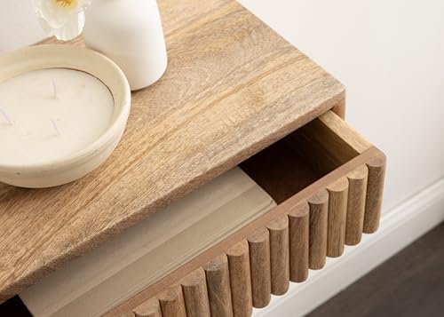 Kate and Laurel Reid Ribbed Wooden Tiered Floating Side Table, 18 x 10 x 9, Natural Wood, Modern Rectangular Mango Wood Floating Nightstand with Drawer for Bedroom Storage or Living Room End Table Kate and Laurel