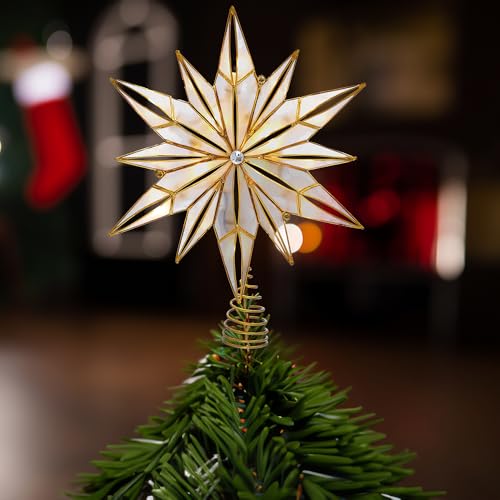 Kurt S. Adler Kurt Adler 10-Light 12-Point Capiz Star and Center Gem Treetop, 10.24in, Gold, White Kurt S. Adler