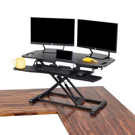 Flexpro Hero Corner Standing Height Adjustable 37 inch Desk Converter, for Cubicles & L-Shaped Desks, 2 Level Sit to Stand Workspace with Keyboard Shelf & Monitor Riser, (Black, 37 x 18 x 4.5 to 20) Stand Steady